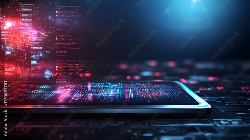 Poster futuristic interior of a sleek quantum computing laboratory featuring holographic displays showcasin
