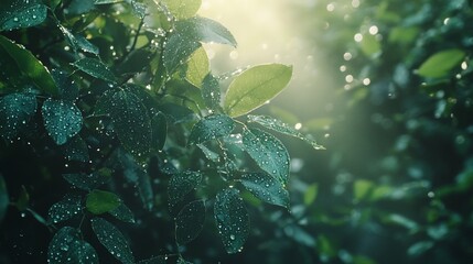 Fototapeta premium Dew-kissed leaves, sunrise garden, bokeh background, nature website