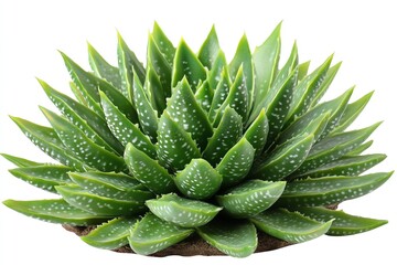 Fototapeta premium A vibrant, green aloe vera plant with white spots on its leaves, isolated on a white background.
