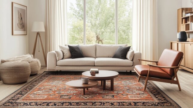 Elegant living room showcasing a Persian rug with soft furnishings and natural light enhancing the cozy atmosphere