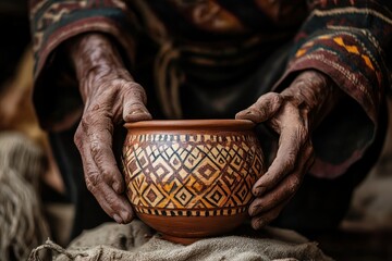Andean artisan's hands shaping clay pot, workshop background