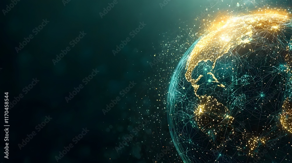 Poster Futuristic quantum dashboard processing global big data in real time with entangled qubits visualized as a complex network leaving copy space on the right