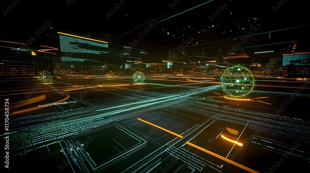 Poster futuristic big data analysis scene powered by quantum computing with streams of information flowing 
