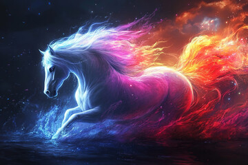 Naklejka premium A painting depicting a mystical horse with a colorful mane, jumping on dark water. Generated by artificial intelligence