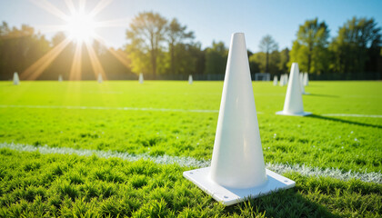 Fototapeta premium Football training cones on sunny green field