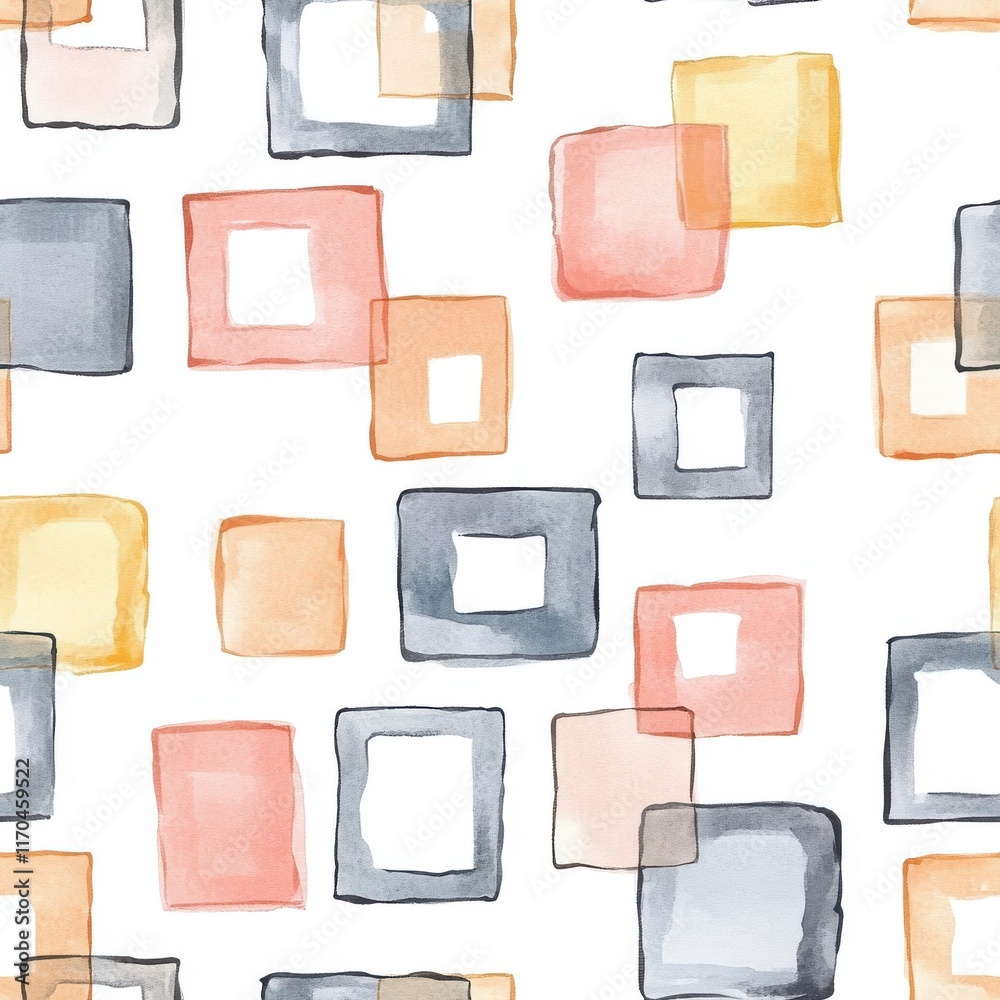 Poster playful watercolor doodle patterns featuring colorful squares in soft pastel hues on a bright backgr