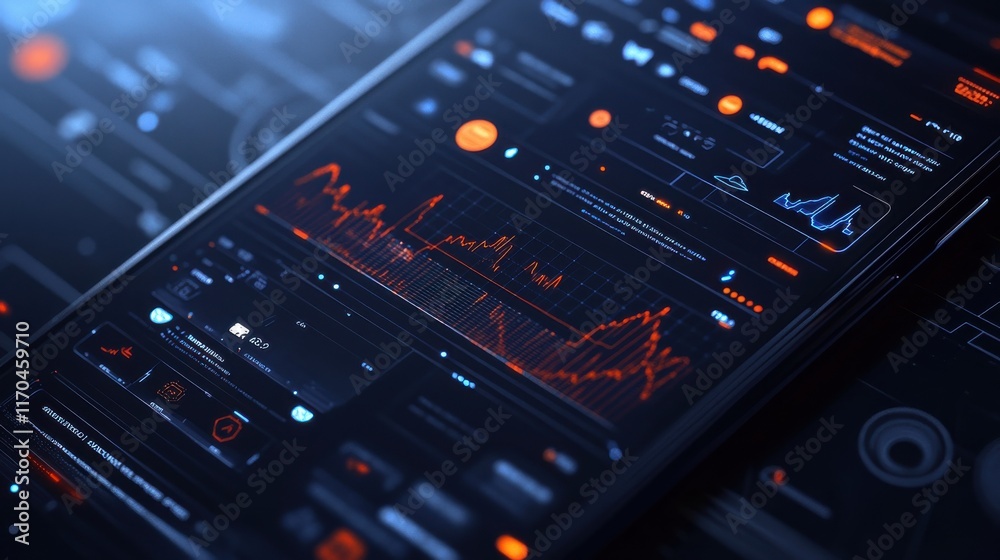 Poster futuristic investment application interface displaying real-time data and analytics