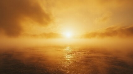Misty sunrise over calm lake, golden hour, nature background, travel
