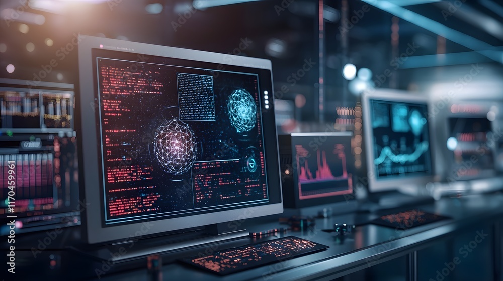 Poster an advanced quantum computing simulation showcasing the analysis of big data with immersive holograp