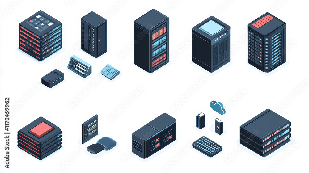 Poster database, network server and cloud storage icons. file storage center, hosting platform technology o
