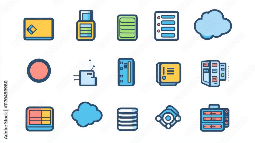 Poster database, network server and cloud storage icons. file storage center, hosting platform technology o
