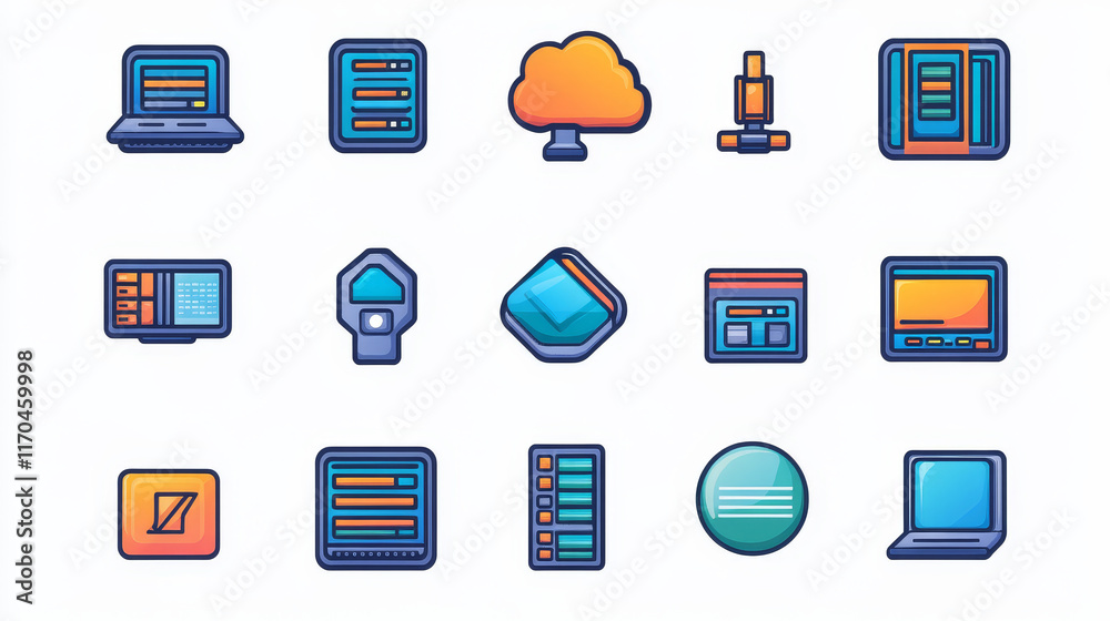 Poster database, network server and cloud storage icons. file storage center, hosting platform technology o