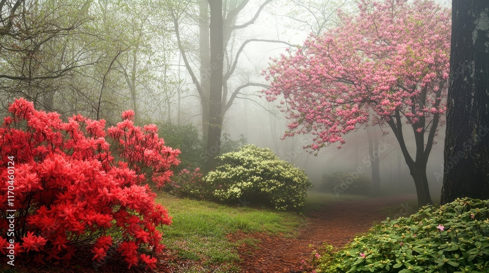 Aufkleber Fog envelops a serene forest clearing adorned with budding trees and vibrant azaleas in early spring