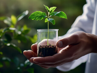 A tender seedling is cradled in a glass container, symbolizing new beginnings and the importance of nurturing plants for a sustainable future.