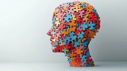 Creative puzzle head sculpture art gallery digital artwork modern space close-up view conceptual mind representation