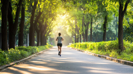 Fototapeta premium Person jogging in sunlit park surrounded by greenery, enjoying nature