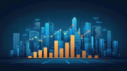 Fototapeta premium A modern city skyline with blue and orange bar graphs, representing data analysis and economic growth in a digital environment.