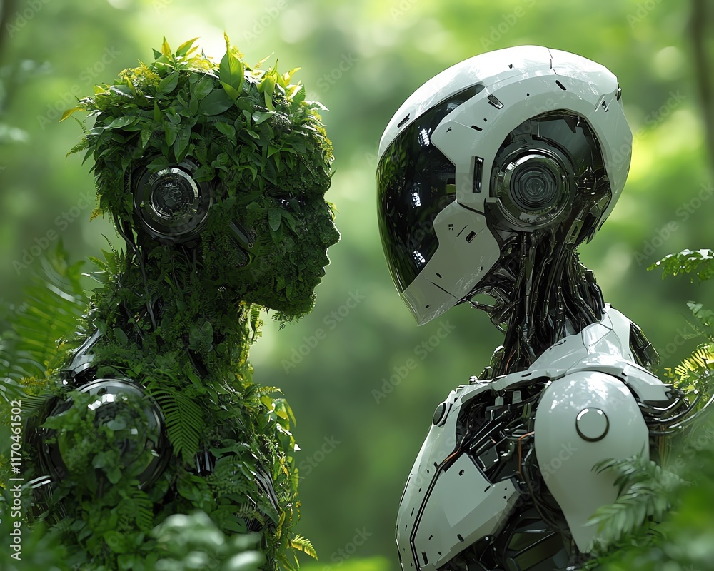 Poster futuristic robots, one camouflaged in foliage and the other metallic and sleek, standing face to fac