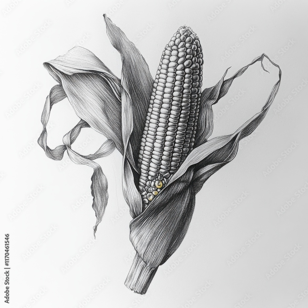Aufkleber Detailed sketch of a corn cob featuring kernels and husk showcasing natural structure and design elements
