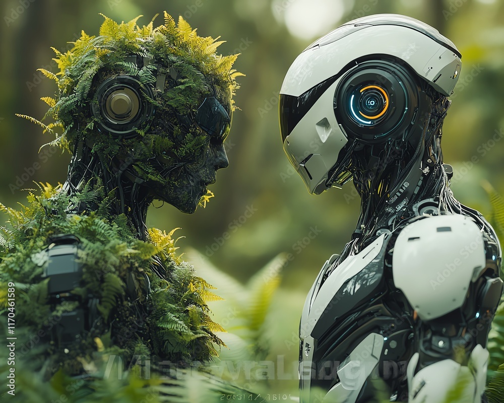 Poster Futuristic robots, one camouflaged in foliage and the other metallic and sleek, standing face to face in a lush green background representing nature and technology