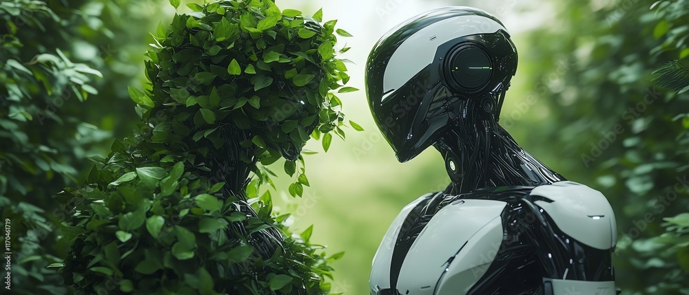 Aufkleber Futuristic scene with two humanoid robots, one covered in foliage and the other sleek and metallic, facing each other in a vibrant greenery background