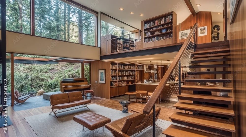 Poster contemporary split-level home featuring large windows and a warm interior aesthetic in a serene fore