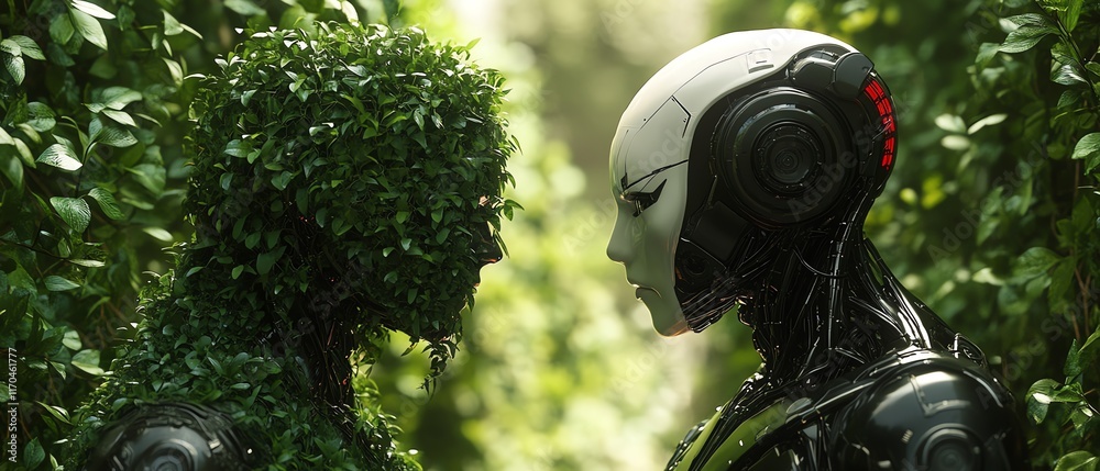 Aufkleber futuristic scene with two humanoid robots, one covered in foliage and the other sleek and metallic, 