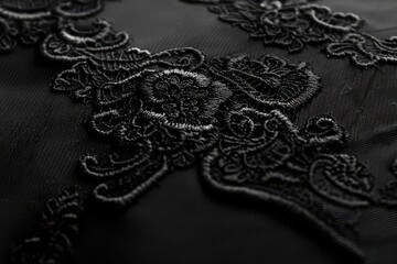 Fototapeta premium Close-up of delicate black lace embroidery on dark fabric. Intricate details and textures create a luxurious look.