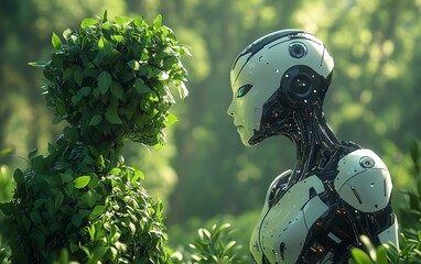 Futuristic scene of two humanoid robots, one leafy and organic, the other sleek and metallic, facing off in a beautiful, green nature backdrop