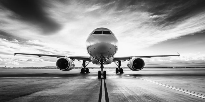 black and white front view of a commercial airplane on runway with dramatic cloudy sky, aviation and travel concept high-contrast photography - Powered by Adobe