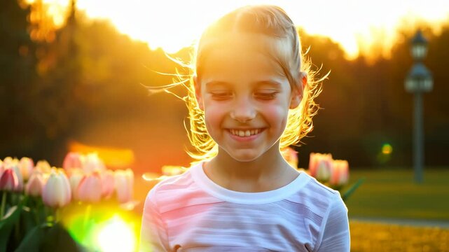Smiling young girl in golden sunlight holding tulips, representing innocence and joy on a sunny day, hello spring