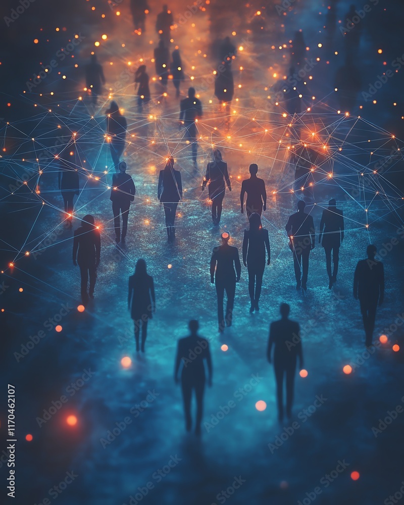 Aufkleber group of diverse people connected by glowing network of lines and dots, symbolizing digital communic