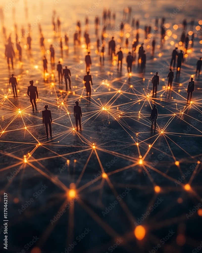 Poster group of diverse people connected by glowing network of lines and dots, symbolizing digital communic