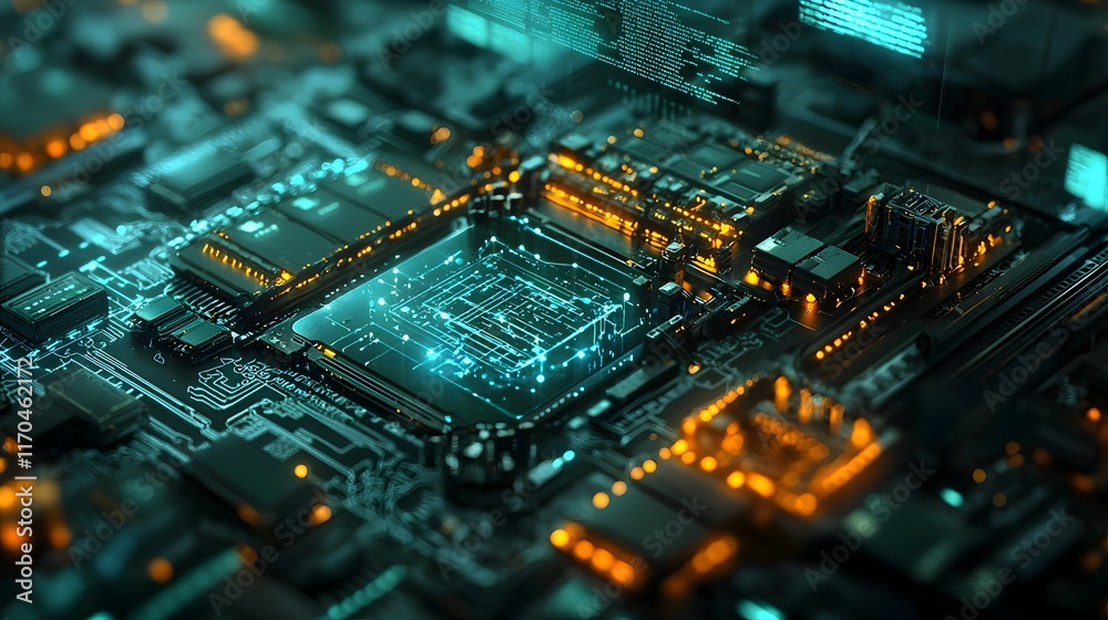 Poster futuristic quantum data center with glowing servers holographic data streams and ample copy space at