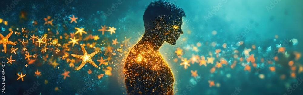 Aufkleber Glowing silhouette of a man surrounded by luminous stars and cosmic elements in an abstract setting