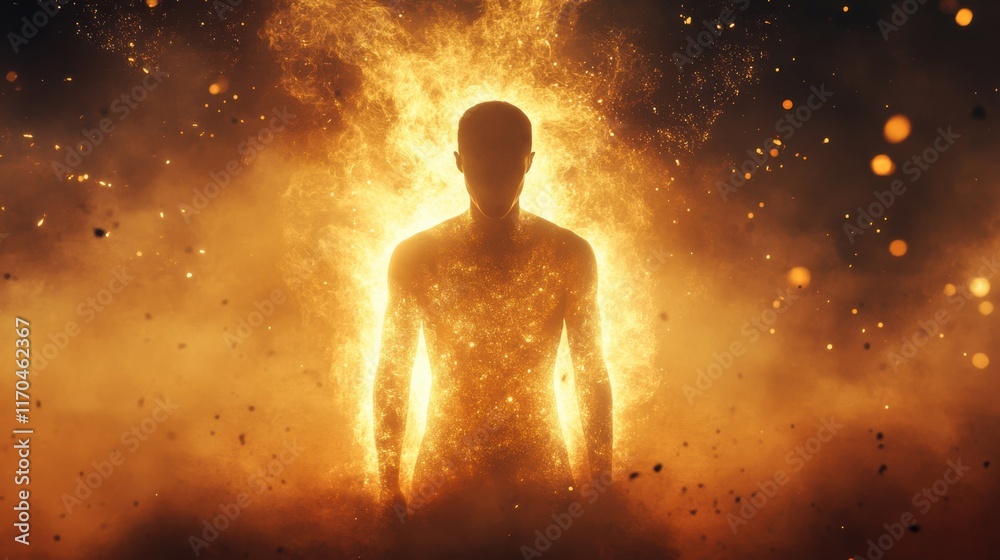 Aufkleber conceptual portrayal of a man radiating light amidst a fiery background in an abstract artistic sett