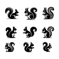 set of black and white  silhouette squirrel.