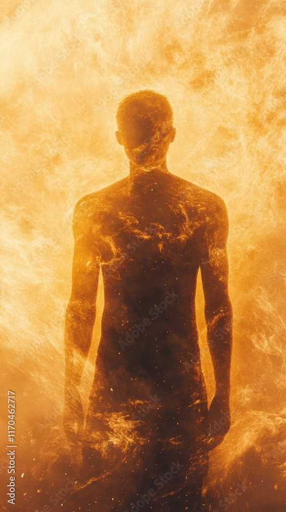 Poster Man glowing with radiant energy surrounded by fiery light in an abstract representation of power and transformation