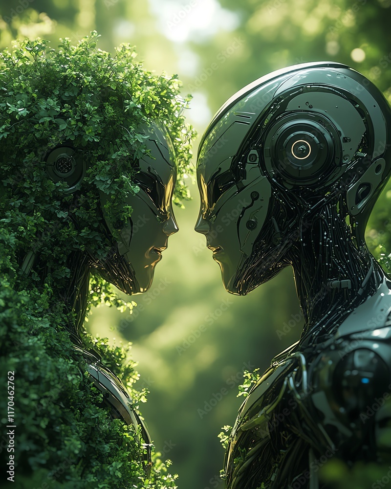 Poster two futuristic humanoid robots, one enveloped in foliage and the other sleek metallic, standing face