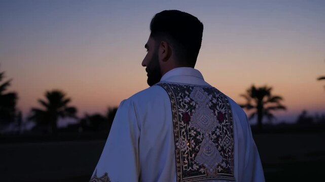 Middle Eastern man wearing an embroidered thobe stands against a twilight sky with palm trees in the distance, the lighting enhancing the intricate details of his attire

