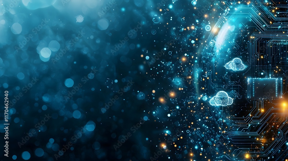 Poster futuristic hologram visualization showcasing quantum computing and cloud systems exchanging real tim