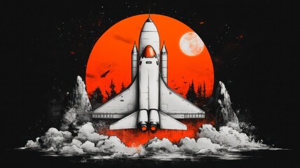 Fototapeta premium Retro Rocket Ascends, Fiery Trails Blaze Across an Orange Sky