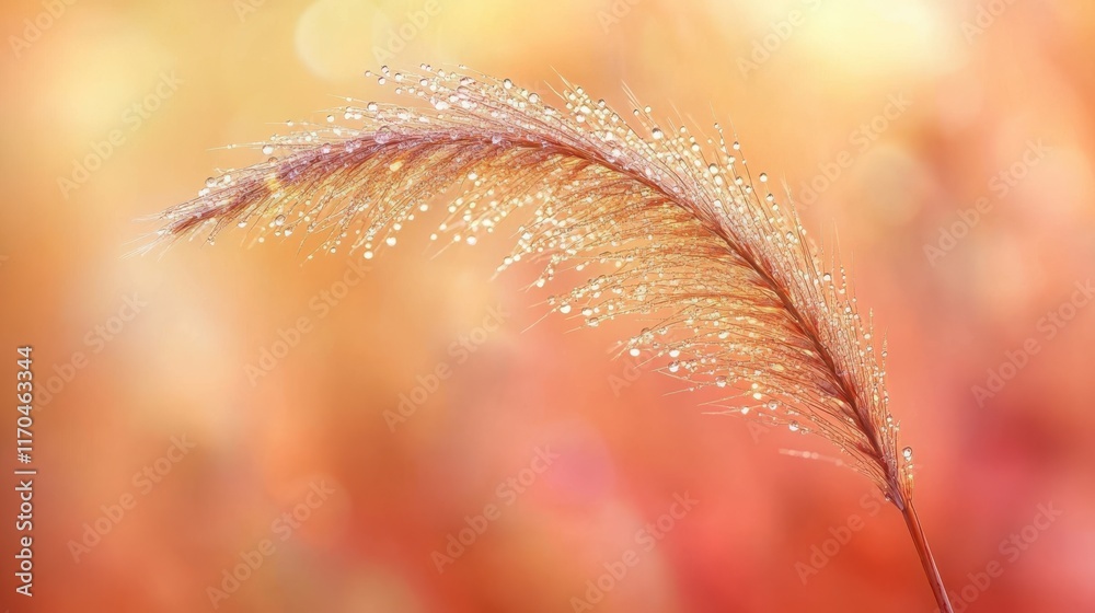 Poster Macro view of a single blade of grass adorned with droplets against a vibrant blurred background during golden hour