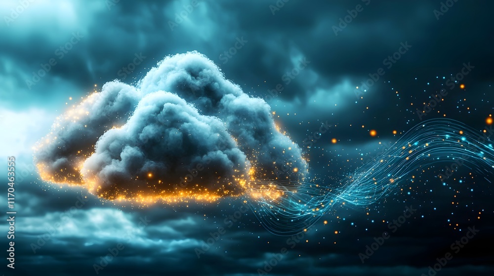 Poster futuristic visualization of a quantum powered virtual cloud network with streams of digital informat