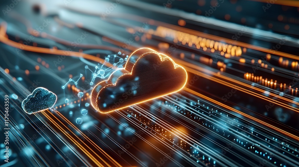Poster visually captivating representation of a quantum enhanced virtual cloud network with streams of digi