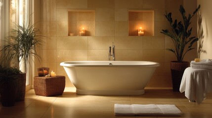 Calming bathroom with soft beige tiles and serene ambiance for relaxation and self-care moments