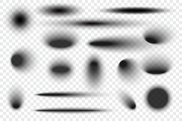 Circle shadows with blurred effect. Realistic oval black transparent drop shapes. Circular gradient shades on surface. Dark soft edge ellipses vector collection