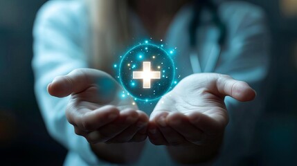 A healthcare professional holds a glowing medical symbol representing health and care.