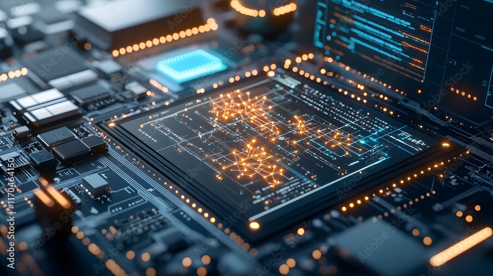 Poster Seamless of Quantum and Cloud Computing with Futuristic Interface and Dynamic Data Flow  Featuring glowing qubit pathways and copy space on the left for added versatility