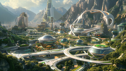 Capture the essence of biographical stories intertwined with futuristic technologies in an aerial view, using CG 3D rendering for a dynamic and immersive experience